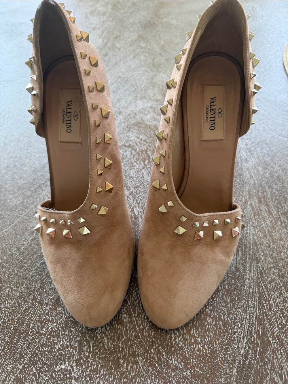 Valentino Tan Suede Pumps with Gold Pyramid Studs